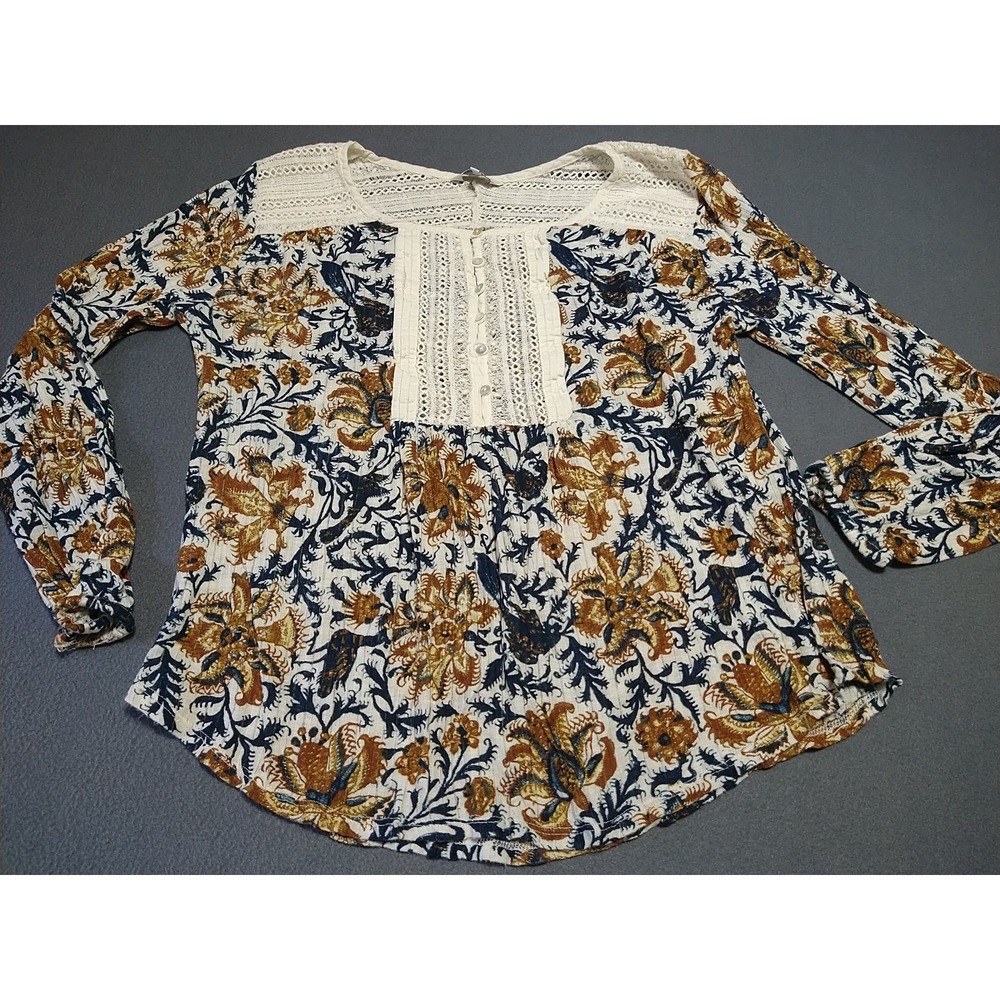 Lucky Brand Top Ladies S Floral Blue Brown Long Sleeve Gauzie Tunic Peasant Date